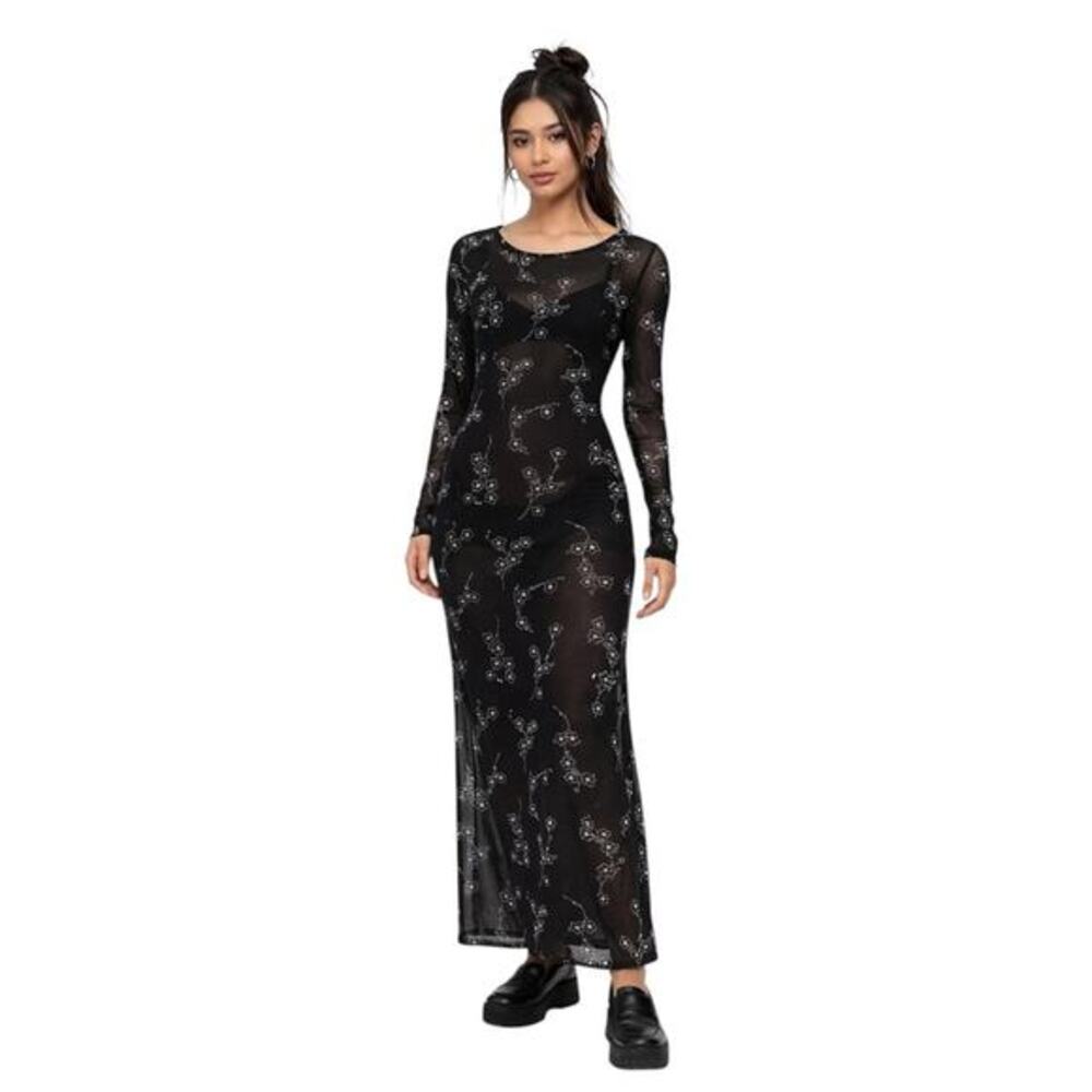 vtg 90s Black Sheer Floral Maxi Dress Long Sleeve